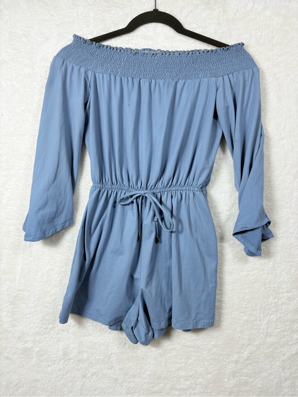 BeBop Light Blue Off-Shoulder Romper with Drawstring Waist 0664
